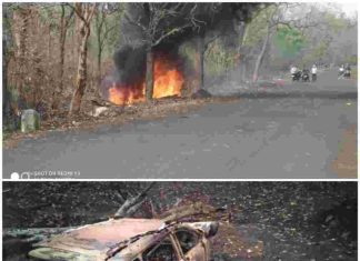 चार चाकी वाहनाची झाडाला धडक… गाडी ने घेतला पेट;तिघेही थोडक्यात बचावले…